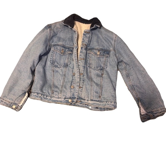 John Galt Shaine Light Blue Denim sherpa Jacket with Dark Blue corduroy Collar, - Picture 4 of 7